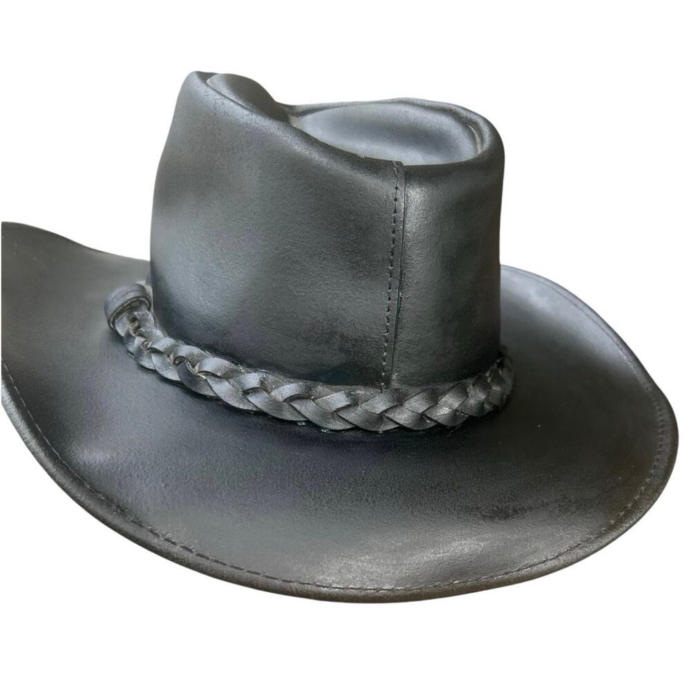 HatQuarters USA Black Leather Cowboy Hat Medium Western Braided Band
